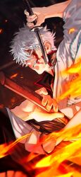  1boy absurdres bokken broken broken_sword broken_weapon commentary_request fire gintama hadanugi_dousa highres japanese_clothes kimono male_focus open_clothes open_kimono sakata_gintoki smile solo sword sword_writing usson0002 weapon white_kimono wooden_sword 