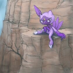  bare_tree claws cliff hisuian_sneasel joycreeper looking_at_viewer no_humans outdoors pokemon pokemon_(creature) purple_fur red_eyes signature sitting solo tree 