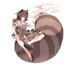  1girl absurdres animal_ears baba_(baba_seimaijo) bottle brown_dress brown_eyes commentary_request dress full_body futatsuiwa_mamizou glasses highres holding holding_smoking_pipe kiseru leaf leaf_on_head looking_at_viewer raccoon_ears raccoon_girl raccoon_tail sake_bottle short_hair simple_background smoking smoking_pipe solo tail tanuki touhou white_background 