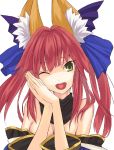  ;d animal_ears caster_(fate/extra) detached_sleeves fate/extra fate/stay_night fate_(series) fox_ears ghoul green_eyes hair_ribbon heart heart_in_mouth open_mouth pink_hair ribbon smile sodeya_itsuki solo twintails wink yellow_eyes 