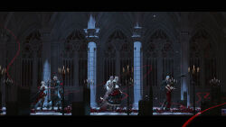  1boy 1girl absurdres armor asymmetrical_dress asymmetrical_legwear bare_shoulders black_armor black_gloves black_jacket black_pants chinese_commentary commentary_request dragon_horns dress faceless faceless_female gei_wo_kao_baomi gloves goth_fashion hair_ornament hairclip high_heels highres horns jacket jacket_on_shoulders long_hair love_and_deepspace mephisto_(love_and_deepspace) military_uniform official_alternate_costume official_alternate_hair_color official_alternate_hair_length official_alternate_hairstyle pants progression protagonist_(love_and_deepspace) red_dress shirt short_hair sylus_(love_and_deepspace) two-tone_dress white_dress white_gloves white_hair white_jacket white_shirt 