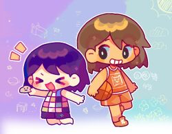  >_< 2boys :d arms_at_sides ball bare_arms bare_legs bare_shoulders barefoot basketball_(object) black_eyes blue_background bright_pupils brown_hair chibi chibi_only child closed_eyes clouds commentary double-parted_bangs dual_persona fewer_digits floral_background full_body gradient_background grid_teeth grin hair_behind_ear hair_between_eyes hand_up hector_(omori) highres holding holding_ball holding_rock jumping kel_(faraway)_(omori) kel_(headspace)_(omori) kel_(omori) looking_at_another looking_back male_focus multiple_boys no_nose notice_lines omori open_mouth orange_shoes orange_tank_top outline purple_background purple_hair rock shoelaces shoes short_hair sideways_glance simple_background smile standing standing_on_one_leg star_(symbol) sun tank_top tareme tongue tuteo untranslatable_commentary white_outline white_pupils white_trim 