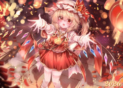  1girl 2026 absurdres artist_name ascot back_bow blonde_hair blush bow chinese_commentary chinese_new_year collared_shirt commentary_request crystal crystal_wings embellished_costume feet_out_of_frame flandre_scarlet frilled_skirt frills hat hat_ribbon highres lantern looking_at_viewer mob_cap multicolored_wings one_side_up open_mouth paper_lantern puffy_short_sleeves puffy_sleeves red_eyes red_skirt red_vest ribbon shirt short_sleeves skirt skirt_set thigh-highs top-exerou touhou vest white_bow white_hat white_shirt white_thighhighs wings wrist_cuffs yellow_ascot 