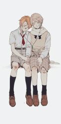  2boys aged_down ahoge america_(hetalia) axis_powers_hetalia bandage_on_face bandages bandaid bandaid_on_face bandaid_on_knee bandaid_on_leg bandaid_on_nose belt black_belt black_bow black_bowtie black_socks bow bowtie brown_shoes brown_shorts checkered_clothes checkered_shorts child chinese_commentary closed_eyes closed_mouth collared_shirt commentary_request earphones full_body grey_hair grey_shorts holding_hands listening_to_music long_sleeves male_focus multiple_boys necktie orange_hair puffy_long_sleeves puffy_sleeves quxiaochong red_necktie russia_(hetalia) scarf shirt shoes short_hair short_sleeves shorts simple_background sitting socks striped_clothes striped_necktie sweater_vest white_background white_scarf white_shirt yellow_sweater_vest 