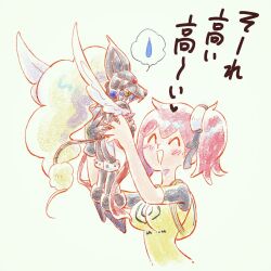  1girl 1other :d ^_^ aiba_ami animal_helmet armor backpack bag black_sleeves blonde_hair blush boots breasts brown_armor brown_boots brown_helmet carrying carrying_person closed_eyes digimon digimon_(creature) digimon_story:_cyber_sleuth duftmon feathered_wings green_eyes helmet highres hoisotsu01 holding horns knight long_hair open_mouth red_hair shirt side_ponytail simple_background smile solo speech_bubble spread_wings sweat upper_body white_background white_wings wings yellow_bag yellow_shirt 