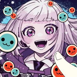  1girl absurdres bandai_namco black_eyes black_mouth blue_background blunt_bangs blunt_sidelocks blush character_name collared_shirt commentary_request dot_nose english_text eyelashes fingernails happy hatching_(texture) highres hood hood_down komedo_tamago_ta linear_hatching looking_at_viewer loose_hair_strand necktie official_art open_mouth purple_hair purple_hood purple_necktie purple_theme second-party_source shinono_(taiko_no_tatsujin) shirt short_bangs sidelocks solid_circle_eyes splatter taiko_no_tatsujin teeth tongue undershirt violet_eyes wada_don wada_katsu white_shirt wing_collar 