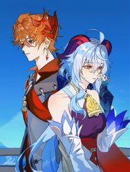  1boy 1girl ahoge bell black_gloves blue_eyes blue_hair blue_sky chinese_clothes chinese_commentary closed_mouth collarbone commentary_request couple curly_hair detached_sleeves dress flower from_side ganyu_(genshin_impact) genshin_impact gloves hair_between_eyes hetero high_collar highres holding holding_flower horns huge_ahoge liumiao41424 long_sleeves looking_down neck_bell orange_hair outdoors pants red_scarf scarf sheep_girl sheep_horns short_hair sky sleeveless smelling smelling_flower standing suit swept_bangs tartaglia_(genshin_impact) violet_eyes wavy_hair wide_sleeves 