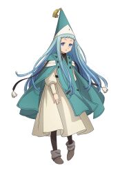  1girl artist_request black_leggings blue_eyes blue_hair child fingernails full_body hat hat_tassel highres leggings long_hair looking_at_viewer official_art open_mouth qifrey's_atelier_apprentice_uniform richeh_(tongari_boushi_no_atelier) solo tongari_boushi_no_atelier transparent_background very_long_hair 