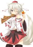  absurdres animal_ears black_legwear black_thighhighs blush detached_sleeves efe face hat highres inubashiri_momiji navel red_eyes scarf short_hair silver_hair smile solo tail thigh-highs thighhighs tokin_hat touhou wink wolf_ears wolf_tail 