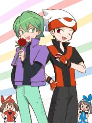  2girls bandana beanie bike_shorts black_pants blue_bandana blue_dress blush brendan_(pokemon) brown_hair closed_eyes commentary dress drew_(pokemon) fingerless_gloves flower gloves green_eyes green_hair green_pants hat highres holding holding_poke_ball hsym_2323 jacket looking_at_another may_(pokemon) multiple_girls open_mouth pants poke_ball pokemon pokemon_(anime) pokemon_adventures pokemon_rse_(anime) purple_jacket purple_shirt rainbow_background red_bandana red_flower red_gloves red_rose red_shirt rose shirt simple_background sleeveless standing_on_another's_back striped_background watermark white_background white_hat 