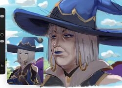  1girl aged_up barbeloth_(genshin_impact) blue_eyes blue_eyeshadow blue_hat blue_lips bob_cut earrings eyeshadow genshin_impact gold_earrings grey_hair hat high_collar highres hoop_earrings jewelry lipstick makeup official_art_inset old old_woman portrait redesign reference_inset saintcereals short_hair witch_hat wrinkled_skin 