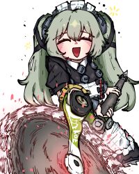  1girl absurdres apron black_bow black_dress blush bow circular_saw closed_eyes commentary_request corin_wickes dress green_hair hair_between_eyes highres holding holding_saw incoming_attack karapi korean_commentary long_hair looking_at_viewer maid maid_headdress open_mouth puffy_short_sleeves puffy_sleeves saw screw_hair_ornament short_sleeves simple_background solo twintails white_apron zenless_zone_zero 