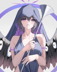  1girl absurdres angel angel_wings arm_tattoo blue_archive breasts cape dress eyes_on_wings halo highres holding holding_instrument holding_trumpet instrument kurochomo looking_at_viewer medium_breasts medium_hair multiple_scars open_mouth purple_dress purple_hair scar subaru_(blue_archive) tattoo teeth trumpet violet_eyes wings 