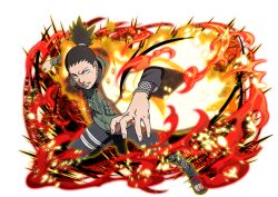  1boy black_boots black_hair black_jacket black_pants boots clenched_hand flak flak_jacket green_jacket jacket konohagakure_shinobi_uniform looking_at_viewer male_focus nara_shikamaru naruto_(series) naruto_shippuuden naruto_shippuuden:_ultimate_ninja_blazing official_art open-toe_boots open_mouth pants solo teeth 