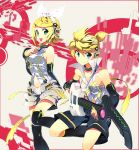  blonde_hair brother_and_sister detached_sleeves guitar hair_ornament hair_ribbon hairclip headphones instrument kagamine_len kagamine_len_(append) kagamine_rin kagamine_rin_(append) leg_warmers navel rassie_s ribbon short_hair shorts siblings smile twins vocaloid vocaloid_append 