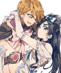  2girls arm_warmers black_arm_warmers black_capelet black_gloves black_hair black_shirt blue_eyes bow capelet carrying commentary_request cure_black cure_white dress earrings fingerless_gloves futari_wa_precure gloves hair_bow heart heart_earrings jewelry long_hair magical_girl misumi_nagisa multiple_girls open_mouth orange_eyes orange_hair pink_bow precure princess_carry sasano-01 shirt short_hair simple_background teeth tongue white_arm_warmers white_background white_capelet white_dress yukishiro_honoka 