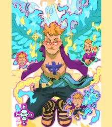  1boy abs alternate_form beard bird blonde_hair blue_sash blue_wings border chest_tattoo chibi commentary facial_hair full_body glasses highres jolly_roger looking_at_viewer male_focus marco_(one_piece) mimscosara multiple_views one_piece open_clothes open_shirt phoenix purple_shirt sandals sash shirt smile sparkle tail tattoo whitebeard_pirates_jolly_roger wings yellow_border 