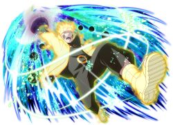  1boy black_shirt boots collared_jacket colored_skin facial_mark fiery_aura forehead_protector high_collar jacket looking_at_viewer magatama magatama_print male_focus naruto_(series) naruto_shippuuden naruto_shippuuden:_ultimate_ninja_blazing official_art open-toe_boots open_mouth orb shirt short_hair solo spiky_hair teeth uzumaki_naruto uzumaki_naruto_(kurama_mode) yellow_boots yellow_eyes yellow_jacket 
