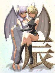  2girls absurdres bare_shoulders brown_hair commentary_request dragon_wings elbow_gloves glasses gloves green_eyes hair_ornament hair_over_one_eye hairpin heaven_burns_red highres horns izumi_yuki_(heaven_burns_red) kayamori_ruka looking_at_viewer multiple_girls partial_commentary red_eyes sheep_horns short_hair sybilla_(batvb) wings 