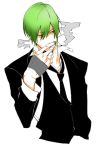  abakichi bad_id blazblue cigarette fingerless_gloves formal gloves green_hair hazama kazuomi_(tukima) male necktie smoking solo suit white_background wink yellow_eyes 