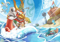  1girl 2boys absurdres beach beak bird black_eyes blonde_hair blue_sky boat brown_hair buzz_blob chuchu_(zelda) closed_mouth clouds commentary_request day english_text fish fishman_(zelda) flag hands_on_own_face highres island korok ladder link long_hair makar medli morry_kakaka multiple_boys outdoors paintbrush pointy_ears ponytail red_eyes rito salvatore_(zelda) seagull short_hair sky smile the_king_of_red_lions the_legend_of_zelda the_legend_of_zelda:_the_wind_waker toon_link water watercraft watermark 
