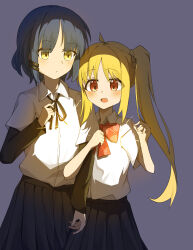  1girl 2girls absurdres arm_at_side black_ribbon black_skirt blonde_hair blue_eyes blush bocchi_the_rock! bow bowtie braid choppy_bangs closed_mouth collared_shirt commentary fireworks hand_up hands_up highres holding holding_fireworks ijichi_nijika layered_sleeves locked_arms long_sleeves multiple_girls neck_ribbon open_mouth parted_bangs pleated_skirt polka_dot polka_dot_bow polka_dot_bowtie red_bow red_bowtie red_eyes ribbon school_uniform senkou_hanabi shimokitazawa_high_school_uniform shirt shirt_tucked_in short_sleeves side_ponytail side_ponytail_with_braided_base skirt sparkler summerwood_000 undershirt white_shirt wing_collar yamada_ryo 