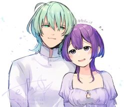  1boy 1girl :d artist_name bernadetta_von_varley bernadetta_von_varley_(timeskip) commentary_request couple fire_emblem fire_emblem:_three_houses green_eyes green_hair grey_eyes hetero male_byleth_(awakened)_(fire_emblem) male_byleth_(fire_emblem) official_alternate_eye_color official_alternate_hair_color open_mouth purple_hair short_hair simple_background smile tefutene tongue watermark white_background 