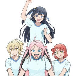  4girls :d absurdres arm_up black_hair black_pants blonde_hair blue_eyes blue_headband blue_shirt braid bun_with_braided_base carrying carrying_person clenched_hands commentary_request grey_eyes gym_uniform hair_bun hand_up headband highres kibasen love_live! love_live!_nijigasaki_high_school_idol_club mayo_e medium_hair miyashita_ai multiple_girls nijigasaki_2nd_years one_side_up open_mouth orange_hair pants pink_hair ponytail raised_fist shirt short_sleeves simple_background single_side_bun smile sports_festival track_pants uehara_ayumu v-shaped_eyebrows white_background yellow_eyes yuki_setsuna zhong_lanzhu 