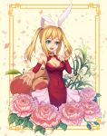  animal_ears aqua_eyes bare_shoulders blonde_hair blue_eyes bunny_ears china_dress chinese_clothes cleavage_cutout detached_sleeves flower highres jun_(goodgun7) microsoft new_year open_mouth silverlight twintails 