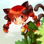  animal_ears bell blush bow braid cat_ears cat_tail extra_ears hair_bow hiyopuko kaenbyou_rin leaf multiple_tails open_mouth red_eyes red_hair redhead short_hair smile solo tail touhou twin_braids twintails 