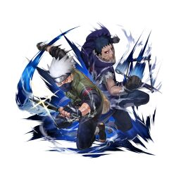  2boys back-to-back black_boots black_gloves black_hair black_jacket black_mask black_pants boots brown_gloves coat fingerless_gloves flak_jacket forehead_protector gloves green_jacket grey_hair hatake_kakashi heterochromia holding holding_kunai holding_weapon jacket konohagakure_shinobi_uniform kunai long_coat mask mouth_mask multiple_boys naruto_(series) naruto_shippuuden naruto_shippuuden:_ultimate_ninja_blazing official_art one_eye_closed open-toe_boots pants purple_coat red_eyes rinnegan scar scar_across_eye scar_on_face sharing shinobi_alliance_symbol_(naruto) short_hair torn_clothes torn_coat uchiha_obito violet_eyes weapon 