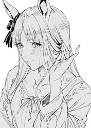  1girl animal_ears blush bow cardigan closed_mouth commentary ear_bow grass_wonder_(umamusume) greyscale hand_in_own_hair highres horse_ears horse_girl long_hair long_sleeves looking_at_viewer monochrome shirt simple_background smile solo sugarbeat umamusume untranslatable_commentary white_background 