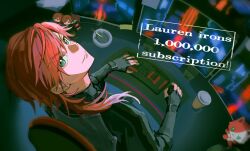  1boy ashtray black_gloves character_name cigarette closed_mouth computer computer_keyboard computer_mouse cup desk disposable_cup fingerless_gloves from_above gloves green_eyes hair_between_eyes highres holding holding_computer_mouse lauren_iroas lauren_iroas_(1st_costume) looking_up male_focus niginigi_nijitown nijisanji oboredani114 ponytail red_hair side_ponytail smile solo virtual_youtuber 