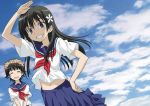  black_hair blue_eyes clenched_teeth closed_eyes cloud clouds eyes_closed flower grin hair_flower hair_ornament hand_on_hip hips long_hair midriff muichimon multiple_girls navel saten_ruiko school_uniform serafuku short_hair sky smile to_aru_kagaku_no_railgun to_aru_majutsu_no_index uiharu_kazari 