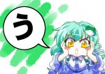  :o blush blush_stickers chibi detached_sleeves face frog green_hair hair_ornament hand_on_cheek hands_on_own_cheeks hands_on_own_face highres kochiya_sanae long_hair open_mouth snake solo takana_shinno touhou yellow_eyes 