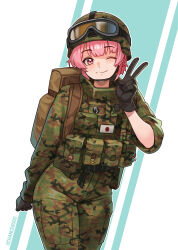  1girl absurdres backpack bag black_gloves bulletproof_vest camouflage camouflage_helmet camouflage_jacket camouflage_pants chance8000 closed_mouth commentary commission cowboy_shot english_commentary flag_print gloves goggles goggles_on_headwear green_jacket green_pants hand_up helmet highres jacket japanese_flag japanese_flag_print long_sleeves looking_at_viewer military_combat_uniform military_uniform one_eye_closed original pants pink_eyes pink_hair short_hair smile soldier solo v 