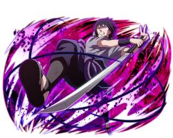  1boy black_boots black_hair black_pants boots clenched_teeth grey_jacket heterochromia holding holding_sword holding_weapon jacket katana naruto_(series) naruto_shippuuden naruto_shippuuden:_ultimate_ninja_blazing official_art open-toe_boots pants red_eyes rinnegan sharingan short_hair short_sleeves solo sword teeth uchiha_sasuke v violet_eyes weapon 