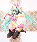  animal_ears aqua_eyes aqua_hair armpits boots bracelet bunny_ears bunny_tail hatsune_miku high_heels jewelry kearu lace lace-trimmed_thighhighs long_hair midriff navel necktie open_mouth shoes skirt solo tail thigh-highs thigh_boots thighhighs twintails very_long_hair vocaloid 