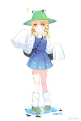  1girl absurdres black_bag blonde_hair closed_mouth commentary_request full_body green_hat green_shoes hair_ribbon hands_up hat highres leg_warmers light_blush long_hair long_sleeves looking_at_viewer marutoufu moriya_suwako notice_lines pout puddle purple_skirt purple_vest red_ribbon ribbon shirt shoes simple_background skirt sleeves_past_fingers sleeves_past_wrists solo standing touhou turtleneck turtleneck_shirt vest white_background white_shirt yellow_background 