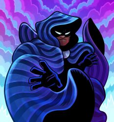  1boy abstract_background aqua_hood black_gloves blue_background checkered_cloak cloak cloak_(marvel) dan_hipp dark-skinned_male dark_skin dynamic_pose game_cg game_screenshot gloves glowing glowing_eyes hood hooded_cloak marvel marvel_snap official_art serious shaded_face shadow solo spider-man_(series) superhero_costume toon_(style) very_dark_skin white_eyes 