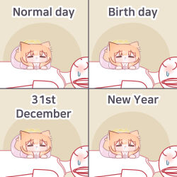 1boy 1girl 4koma absurdres animal_ear_fluff animal_ears blue_archive blunt_bangs blush brown_background chibi closed_eyes closed_mouth comic doodle_sensei_(blue_archive) english_commentary english_text halo horuhara light_frown long_hair long_sleeves lying_on_person mari_(blue_archive) neck_ribbon no_nose on_back on_stomach orange_hair pajamas polka_dot_pajamas ribbon short_sleeves yellow_halo