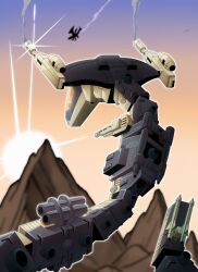  aircraft anti-aircraft_gun blurry blurry_background cannon chinese_zodiac cobra_(animal) commentary dragon glass_cockpit highres joints mecha mecha_focus mechanical_tail missile mountain musya55817292 no_humans non-humanoid_robot outdoors outline robot robot_dragon robot_joints science_fiction sky smoke snake sparkle stealth_viper sun sunrise tail white_outline year_of_the_snake zoids 