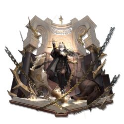  1girl absurdres animal_ears arknights arm_up ascot black_coat black_hair black_pantyhose black_skirt chain coat dress floating_hair full_body gauntlets gloves highres holding holding_chain iris_yi long_hair long_sleeves looking_at_viewer official_art one_eye_covered open_clothes open_coat pantyhose penance_(arknights) shirt single_gauntlet skirt solo standing statue tail third-party_source transparent_background very_long_hair weighing_scale white_ascot white_shirt wolf wolf_ears wolf_girl wolf_tail yellow_eyes 