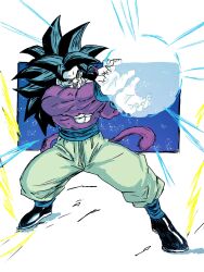  1boy absurdres black_hair blue_sash body_fur commentary_request dougi dragon_ball dragon_ball_gt highres kacchan_dk_srtk kamehameha_(dragon_ball) long_hair male_focus monkey_boy monkey_tail muscular muscular_male no_nipples pants pectorals red_fur saiyan sash solo son_goku spiky_hair super_saiyan super_saiyan_4 tail yellow_pants 