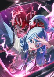  2girls blue_eyes blue_hair blush colored_skin grey_skin heterochromia highres hololive hololive_indonesia jacket kobo_kanaeru kureiji_ollie long_hair long_sleeves looking_at_viewer multicolored_hair multiple_girls open_mouth patchwork_skin red_eyes red_hair smile solo stitched_face stitches toake_(user_affe3424) two-tone_hair virtual_youtuber white_hair yellow_eyes zombie 