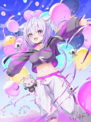  1girl :d ahoge animal_collar animal_ear_fluff animal_ears asymmetrical_pants balloon black_collar black_hoodie blue_sky blurry blurry_background blush breasts cat_ears cat_girl cat_tail collar collarbone commentary_request confetti cropped_hoodie crossed_bangs day double-parted_bangs drawstring ferris_wheel food food_print hair_between_eyes hand_on_own_stomach heart_balloon highres hololive hood hood_down hoodie large_breasts long_sleeves looking_at_viewer midriff navel nekomata_okayu nekomata_okayu_(1st_costume) onigiri onigiri_print onigirya_(nekomata_okayu) open_mouth outstretched_arms pants purple_hair shirt short_hair sky sleeves_past_wrists smile solo stomach sweatpants tail torakichi_888 violet_eyes virtual_youtuber white_pants 