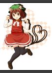  animal_ears black_legwear black_thighhighs brown_eyes brown_hair cat_ears cat_tail chen earrings hat heart heart_tail jewelry loafers masa_nori multiple_tails shoes short_hair solo tail thigh-highs thighhighs touhou 