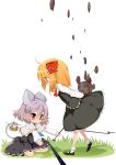  ahoge animal_ears arms_behind_back ascot bad_id basket blonde_hair capelet child darkness dowsing_rod grey_hair hair_ribbon highres jewelry jigatei_(omijin) kneeling leaning_forward looking_down mary_janes mouse mouse_ears mouse_tail multiple_girls nazrin omijin outstretched_arms pendant red_eyes ribbon rumia shoes short_hair standing tail the_embodiment_of_scarlet_devil touhou youkai 