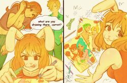  1boy 2girls ? absurdres animal_ears arm_tattoo blonde_hair bob_cut brown_eyes carrot_(one_piece) cigarette commentary crop_top curly_eyebrows drawing_(object) eyelashes haramaki highres holding holding_pen long_hair looking_back multiple_boys multiple_girls nami_(one_piece) nefertari_vivi one_piece orange_hair pen rabbit_ears rabbit_girl roronoa_zoro sanji_(one_piece) shabexzart smile sparkle tattoo tongue tongue_out 