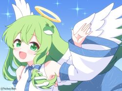  1girl angel angel_wings blue_skirt blush bnelsey breasts commentary detached_sleeves english_commentary feathered_wings frog_hair_ornament green_eyes green_hair hair_ornament hair_tubes halo kochiya_sanae large_breasts looking_at_viewer open_mouth single_hair_tube skirt smile snake_hair_ornament solo sparkle touhou traditional_halo twitter_username white_wings wings 